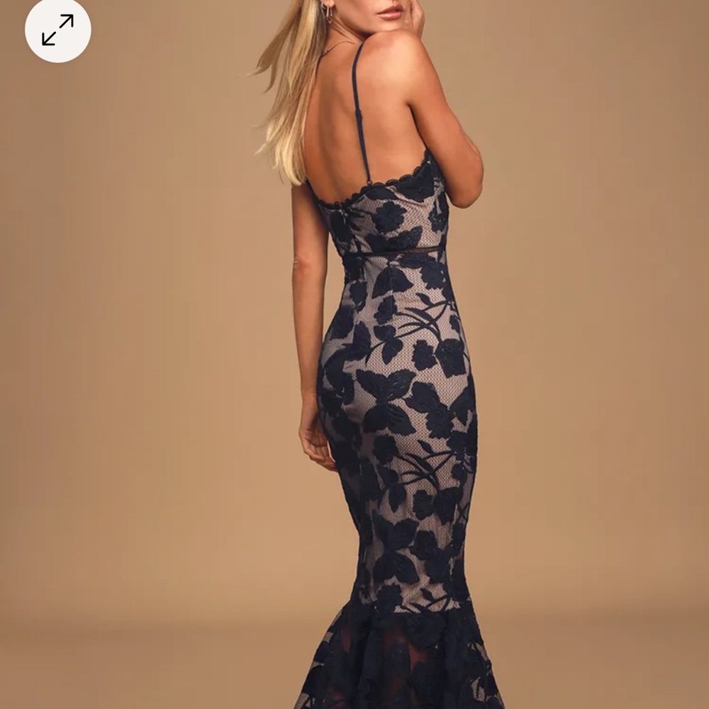 Navy Mesh Floral Lace Bodycon Mermaid Dress – Special Occasion (L)